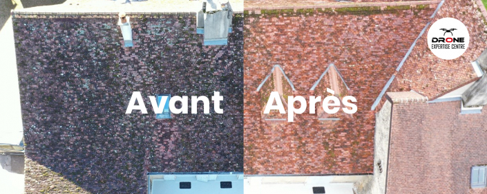Vue de haut d'une toiture suite à un démoussage. A gauche, la toiture recouverte d'algues et mousse. A droite, la même toiture propre 6 mois après.