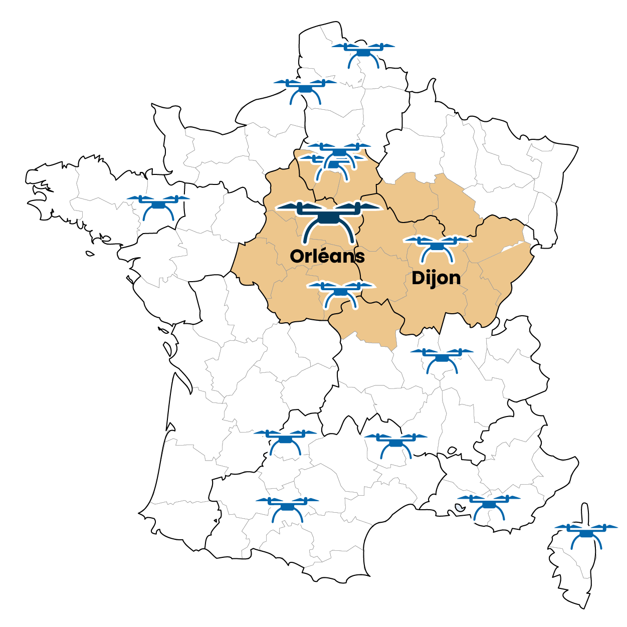 Carte de France localisant les télépilotes drone de Drone Expertise Centre