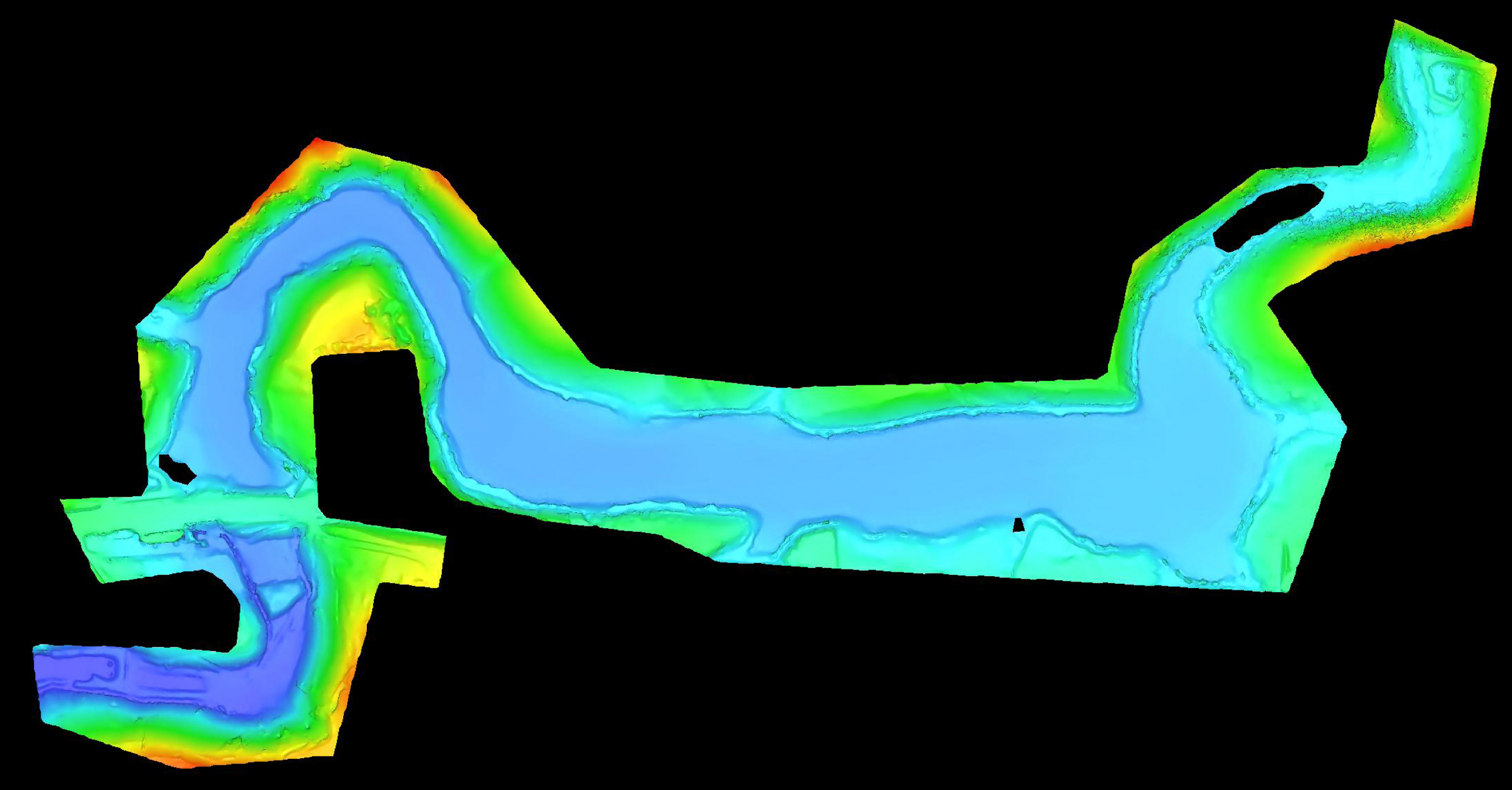 Visualisation des données topographiques issues d’un levé LiDAR et batyhmétrique par drone Modèle colorisé représentant les variations de profondeur relevées lors d’un levé LiDAR et bathymétrique par drone