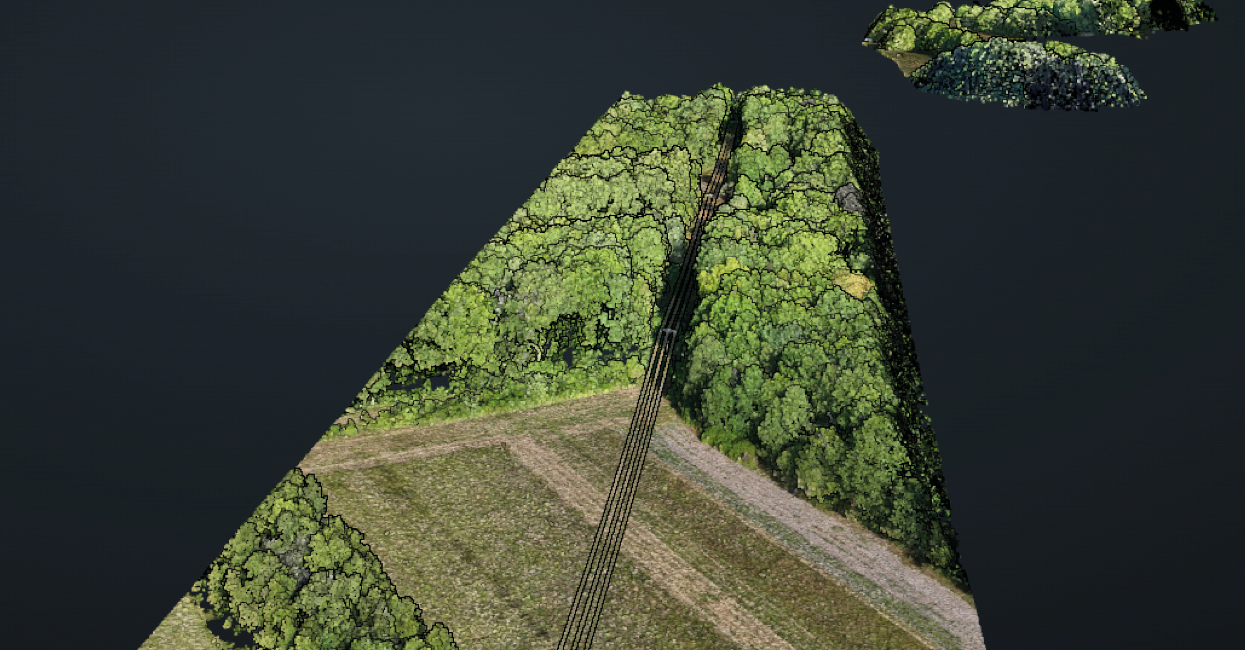Mission drone LiDAR en Centre Val de Loire avec modélisation 3D d'un secteur boisé traversé par une voie d'accès