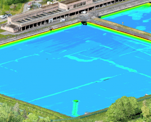 levé LiDAR par drone et bathymétrie de bassins pour l'inspection de plans d'eau Inspection d'un bassin réalisée lors d'un levé LiDAR par drone et bathymétrie de bassins