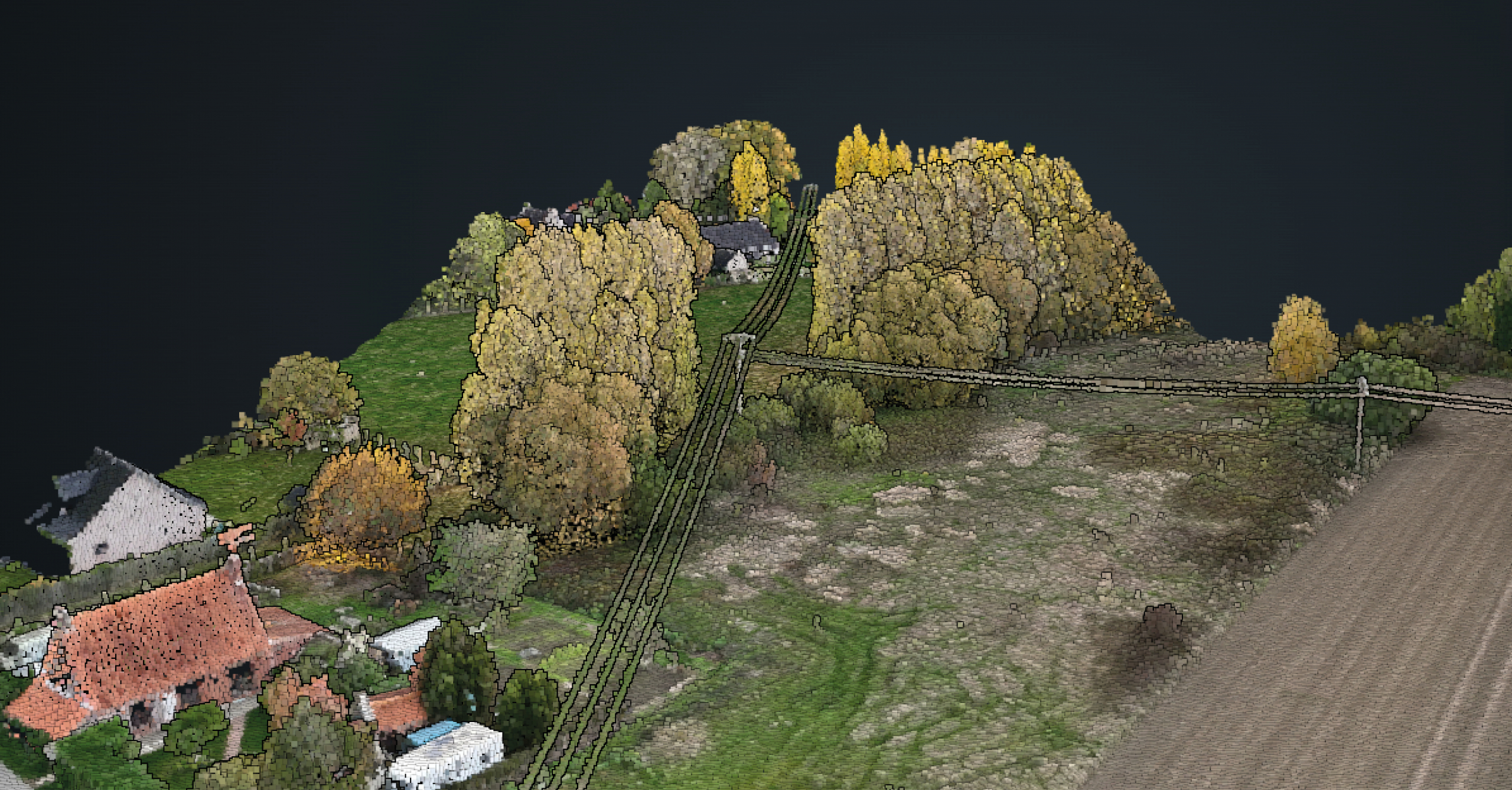 Relevé topographique effectué lors d'une mission drone LiDAR Mission drone LiDAR permettant l'observation détaillée d'un secteur naturel traversé par un cours d'eau