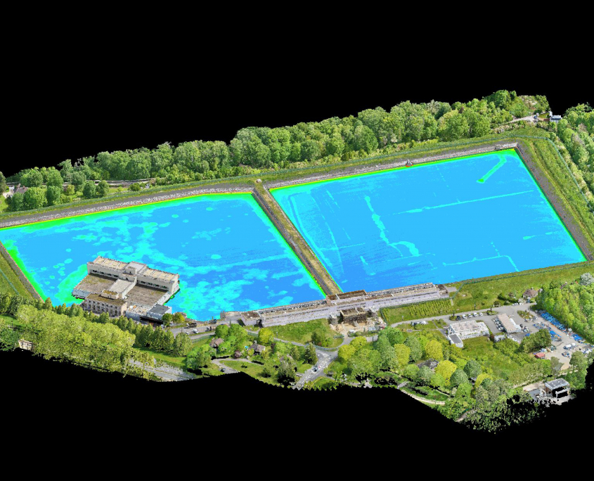 Levé LiDAR et de bathymétrie par drone pour l'inspection de plans d'eau Inspection d'un bassin réalisée lors d'un levé LiDAR par drone et bathymétrie de bassins
