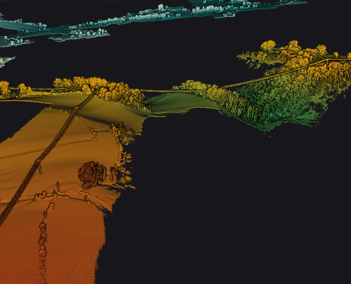 Mission drone LiDAR dans les Alpes pour l’étude d’une vallée de montagne Visualisation d’une vallée cartographiée lors d’une mission drone LiDAR dans les Alpes avec données topographiques détaillées