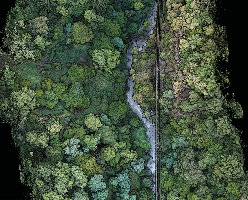 Mission drone LiDAR dans les Alpes pour la surveillance des infrastructures électriques Vue aérienne d'un corridor électrique observé lors d'une mission drone LiDAR dans les Alpes