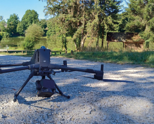 Vue aérienne d'une zone aménagée cartographiée lors d'une mission drone LiDAR dans le Limousin Mission drone LiDAR dans le Limousin pour la cartographie d'un site
